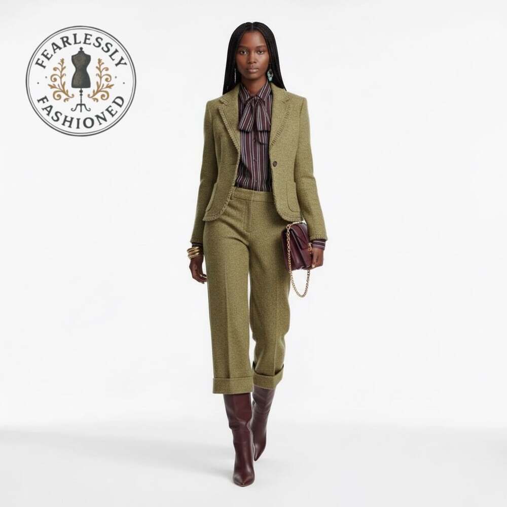Etcetera Green Wool Blend Size 12 Tweed Blazer And Size 10 Pants Set.